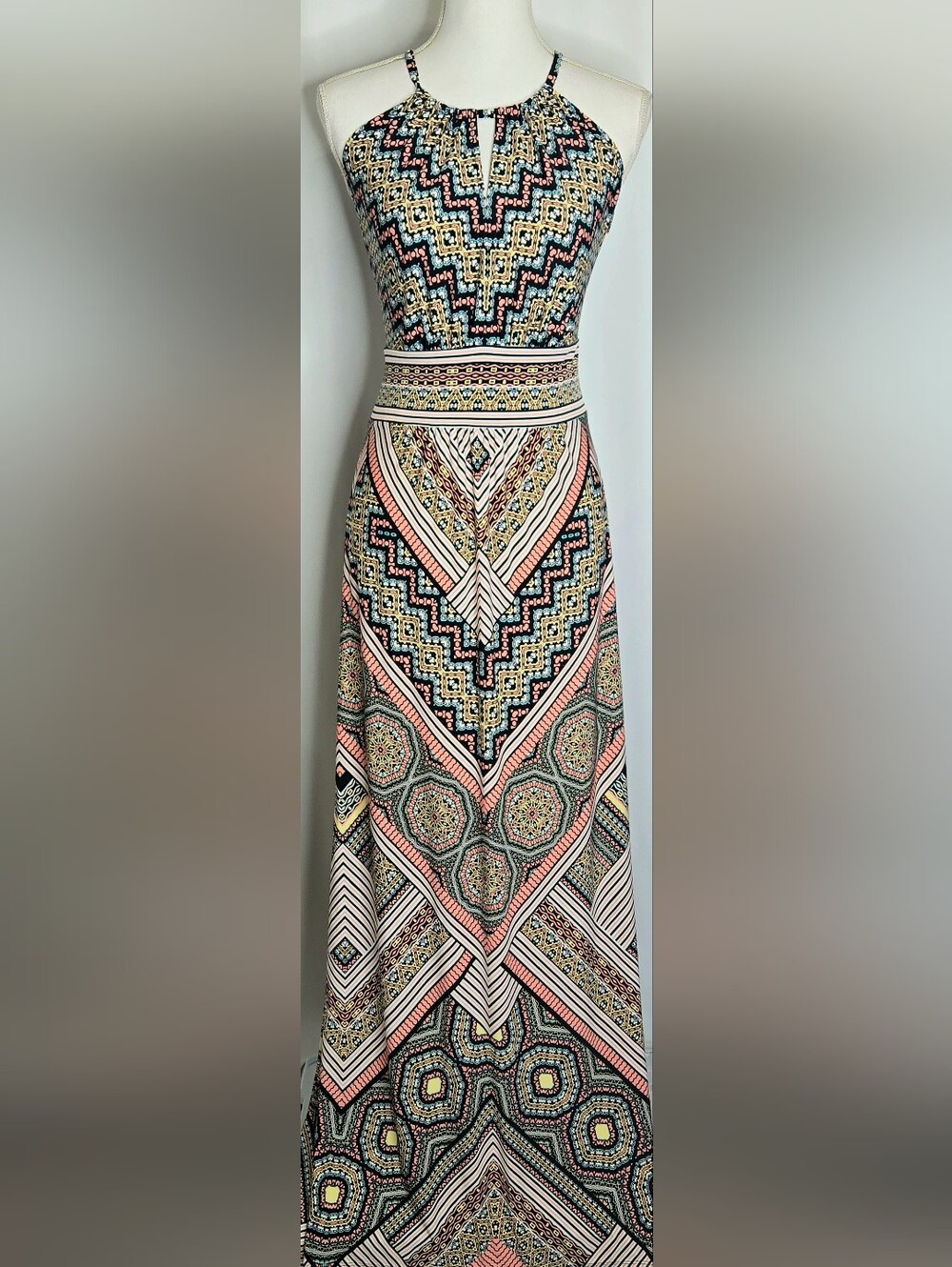 London Style Boho Moroccan Geometric Halter Keyhole Maxi Dress NWOT Size 10